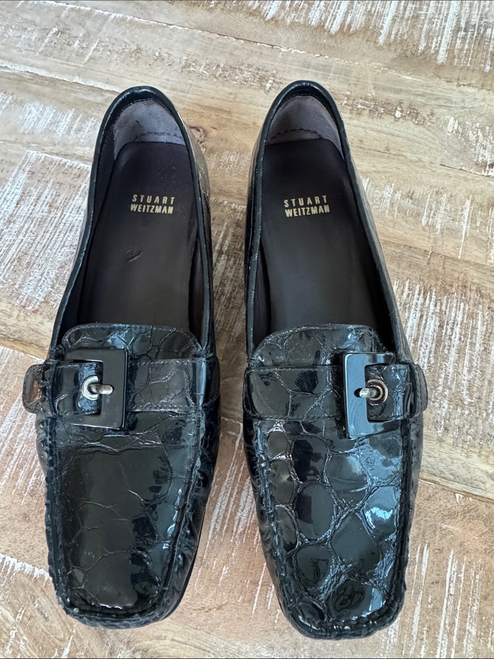 Stuart Weitzman Black Patent Croc-Embossed Slip-On Loafers with Buckle 9.5